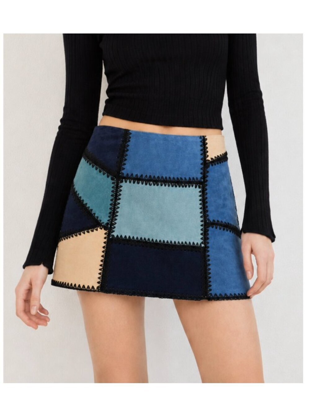 Zara Patchwork Suede Leather Mini Skirt Blue Boho Y2K 90s Vintage Style XS